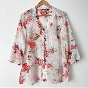 Eddie Bauer Sheer Floral V-Neck Pintuck 3/4 Sleeve Tunic Blouse Size M
